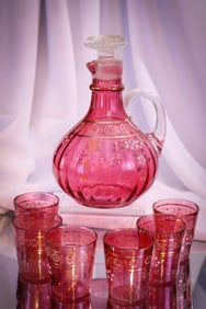 Rare Northwood Cranberry Utopia Optic Enameled Decanter Set