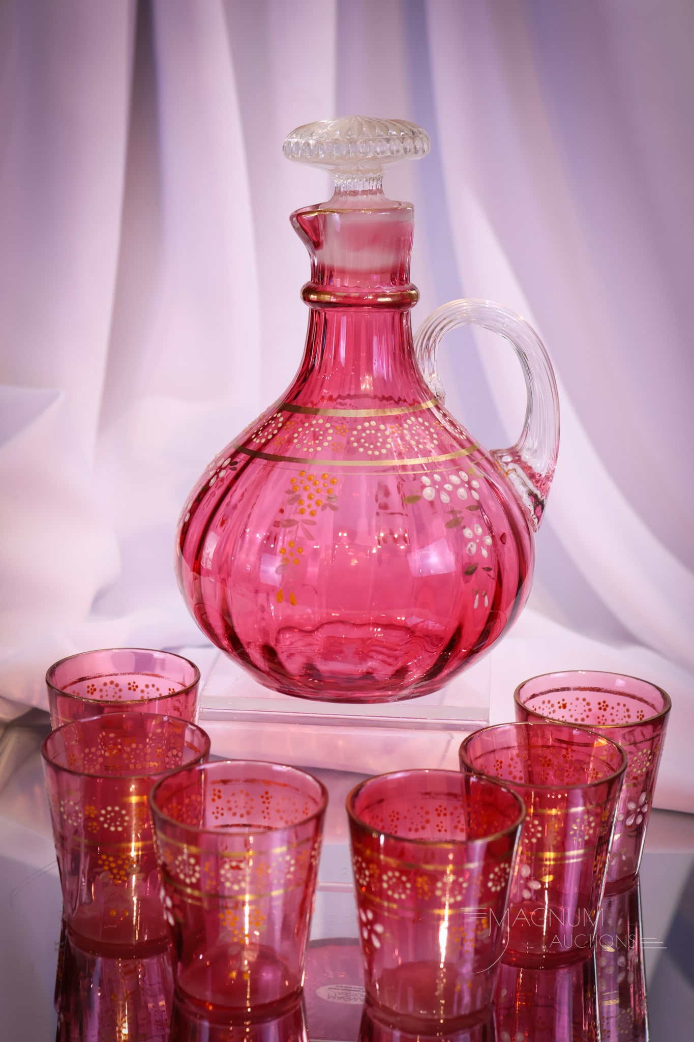 Rare Northwood Cranberry Utopia Optic Enameled Decanter Set (1 of 7)