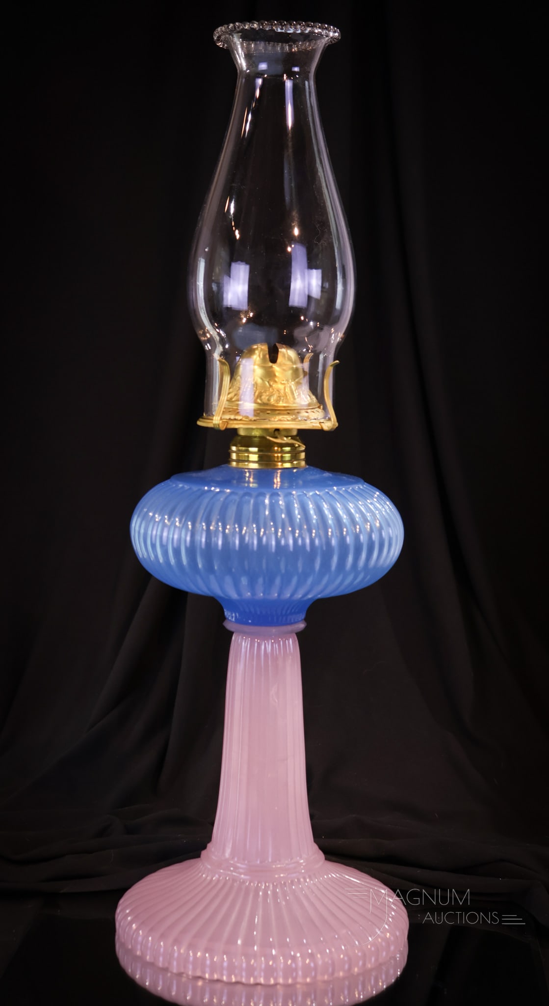Rare Atterbury & Co. Onion, Eaton Kerosene Lavender & Blue Stand Lamp (1 of 8)