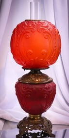 Pigeon Blood Red Satin Victorian Parlor Oil Lamp