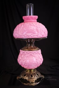 Rare Fostoria Pink Cased Fleur-de-Lis Quilt Victorian Glass Parlor Table Oil Lamp
