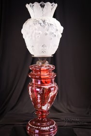 Victorian 23" Cranberry Gilt Enameled Glass Parlor Oil Banquet Lamp