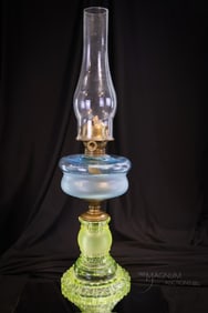 Adams Apollo Vaseline & Blue Victorian Glass Oil Lamp