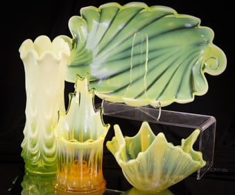 4 pc Lot Fostoria Duncan Miller Vaseline Opalescent Glass