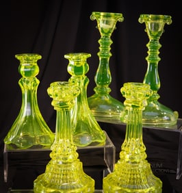 3 pr Lot Vaseline Imperial Glass & More Candlesticks