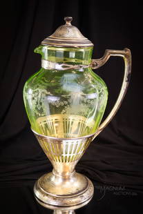 Vaseline Silverplate Art Deco Engraved 12 1/2" Pitcher: Great Art Deco vaseline floral etched with silverplate pitcher. Pitcher is complete with matching lid. Piece measures 12 1/2" tall.