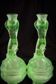 Pair of Walther & Sohne Mermaid Uranium Green Glass Candlsticks