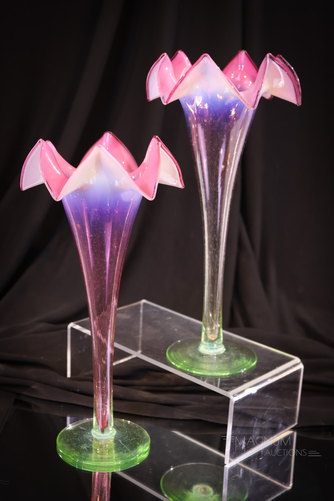 Pair 10" Victorian Rubina Verde Opalescent Cranberry Vaseline Trumpet Vases: A gorgeous pair of 10" cranberry to vaseline opalescent Victorian rubina verde glass trumpet vases. Each with deeply pleated rim. Showy examples!