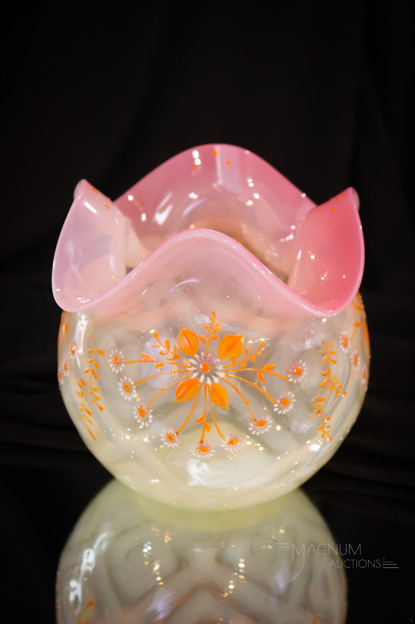 Pink Vaseline Opalescent Enameled Victorian Glass Harlequin Rose Bowl (1 of 5)
