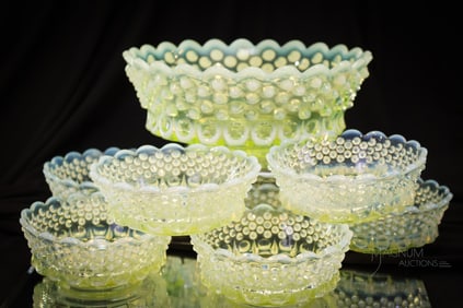 8 pc Vaseline Opalescent Northwood Victorian Glass Hobnail & Thumbprint Berry set