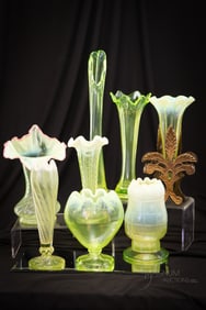 8 pc Lot Vaseline Glass Vases