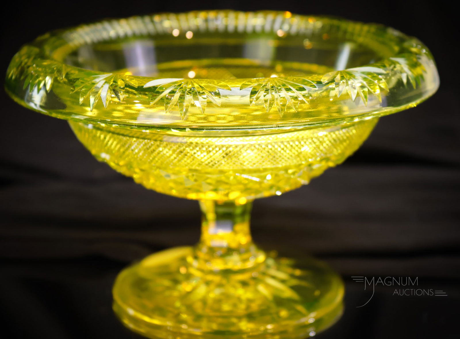 Rare ABP Pairpoint Cut Vaseline Uranium Canaria Glass Compote (1 of 8)