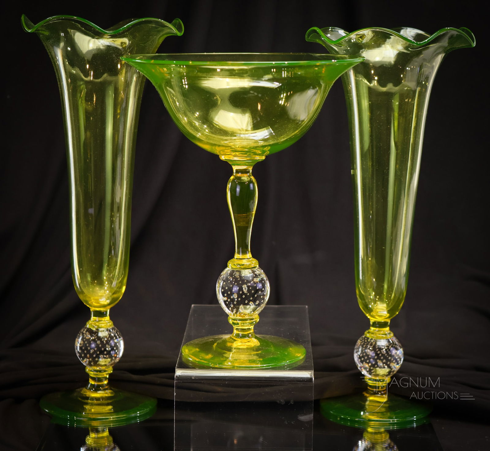 3 pc Lot Pairpoint Vaseline Canaria Uranium Glass Controlled Bubble (1 of 10)