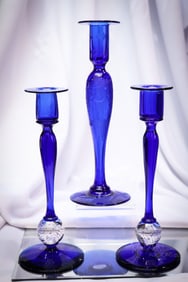 3 pc Lot Pairpoint Cobalt Glass Controlled Bubble Candlesticks