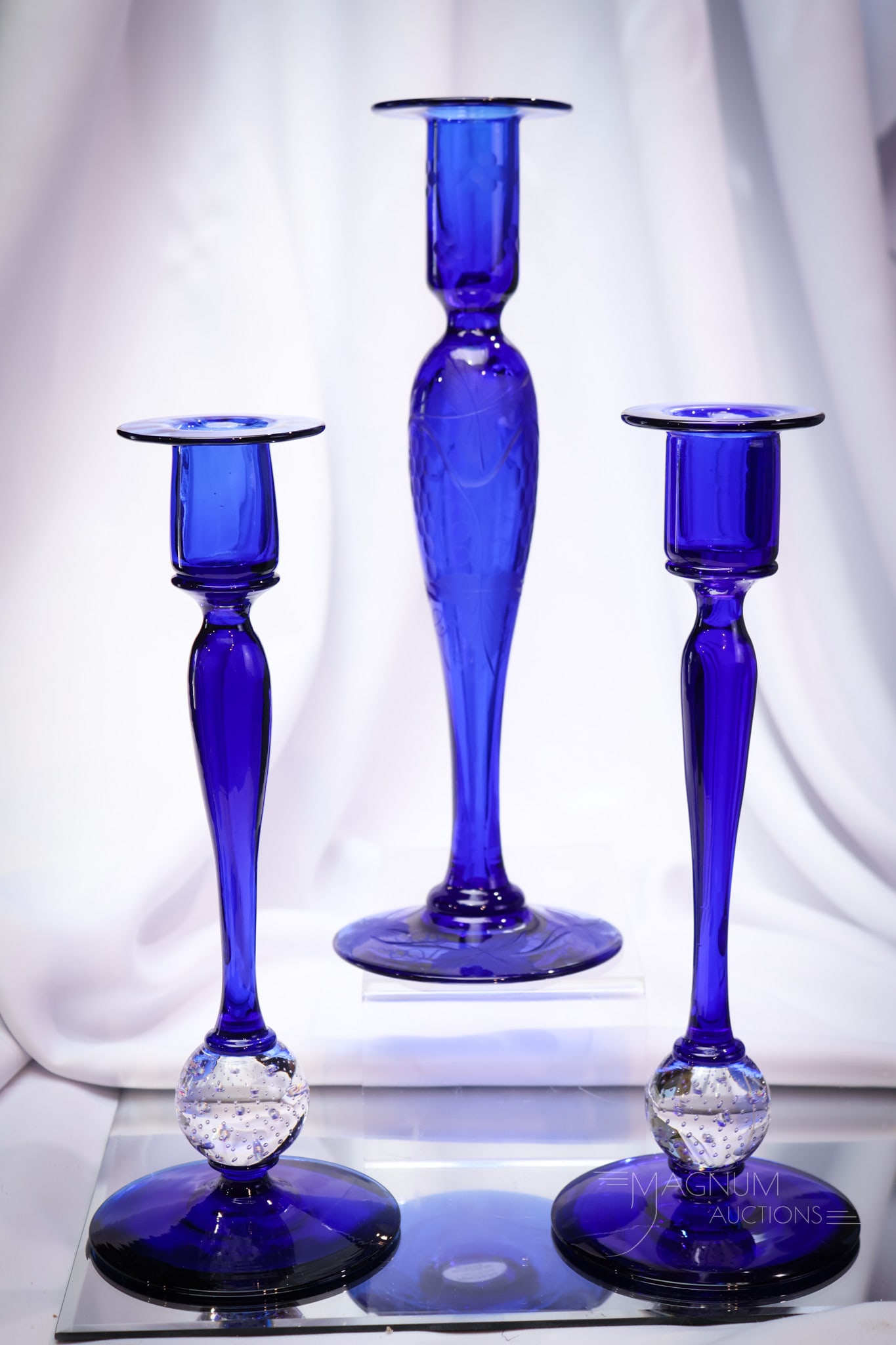 3 pc Lot Pairpoint Cobalt Glass Controlled Bubble Candlesticks (1 of 8)