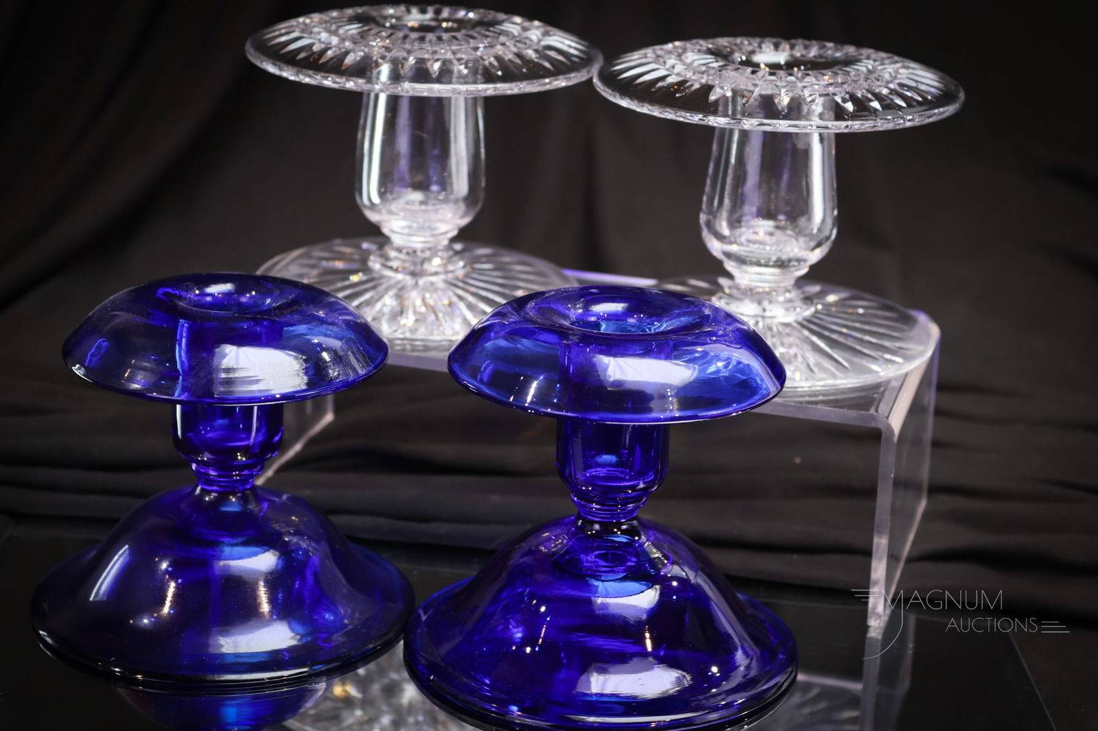 2 Pair Lot Pairpoint Cobalt & Cut Glass Low Candlesticks (1 of 9)