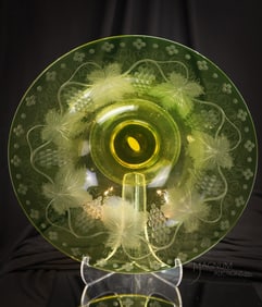 14" Pairpoint Vaseline Canaria Uranium Glass Etched Console Bowl