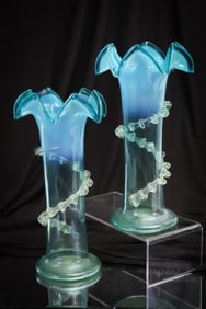 Pair 10" Victorian Blue Opalescent Vaseline Glass Rigaree Vases