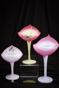 3 pc Lot Pairpoint Art Glass Jack in the Pulpit Vases Peachblow & Burmese