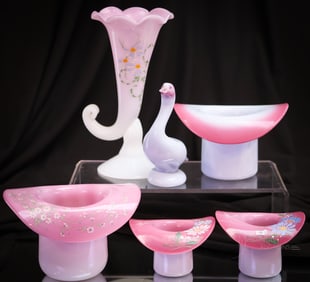 6 pc Lot Pairpoint Peachblow Decorated & More Art Glass