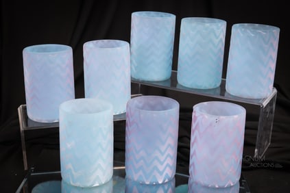 8 pc Lot Italian Murano Lavender Blue Mother of Pearl Satin Herringbone Tumblers