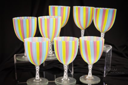 Rare Set of 8 Rainbow Italian Murano Ribbon Art Glass Goblets