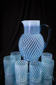 7 pc Blue Opalescent Reverse Swirl Victorian Water Pitcher & Tumblers