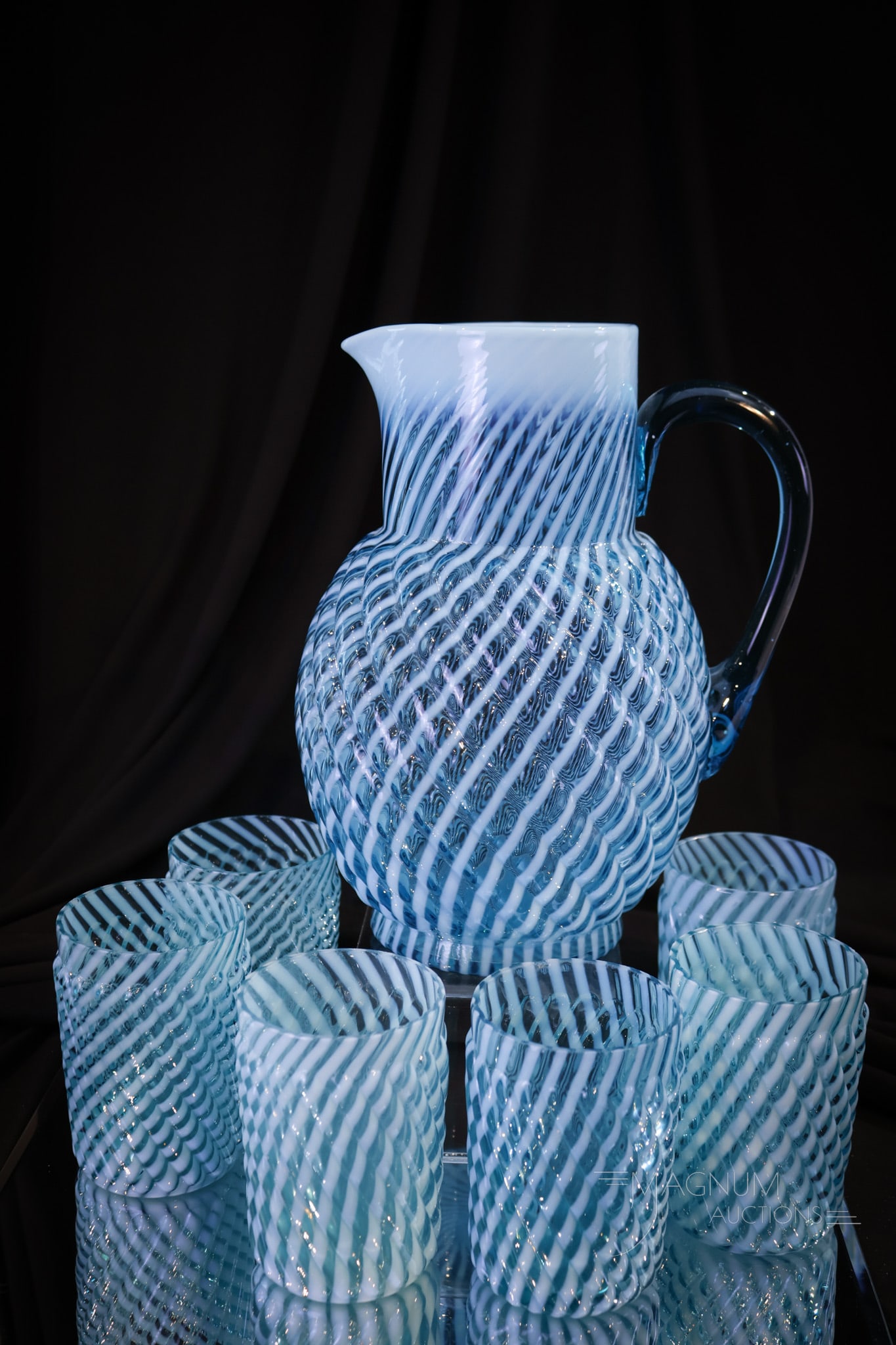 7 pc Blue Opalescent Reverse Swirl Victorian Water Pitcher & Tumblers (1 of 9)