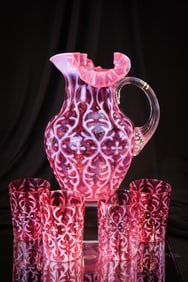 5 pc Northwood Cranberry Opalescent Spanish Lace Victorian Water Pitcher & Tumblers