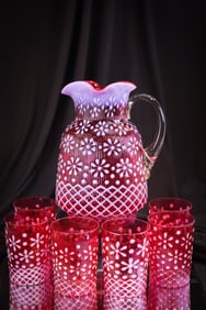 7 pc Scarce Northwood Cranberry Opalesent Ribbed Snowflake Victorian Glass Water Set