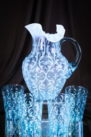 5 pc Northwood Blue Opalescent Spanish Lace Victorian Glass Water Set