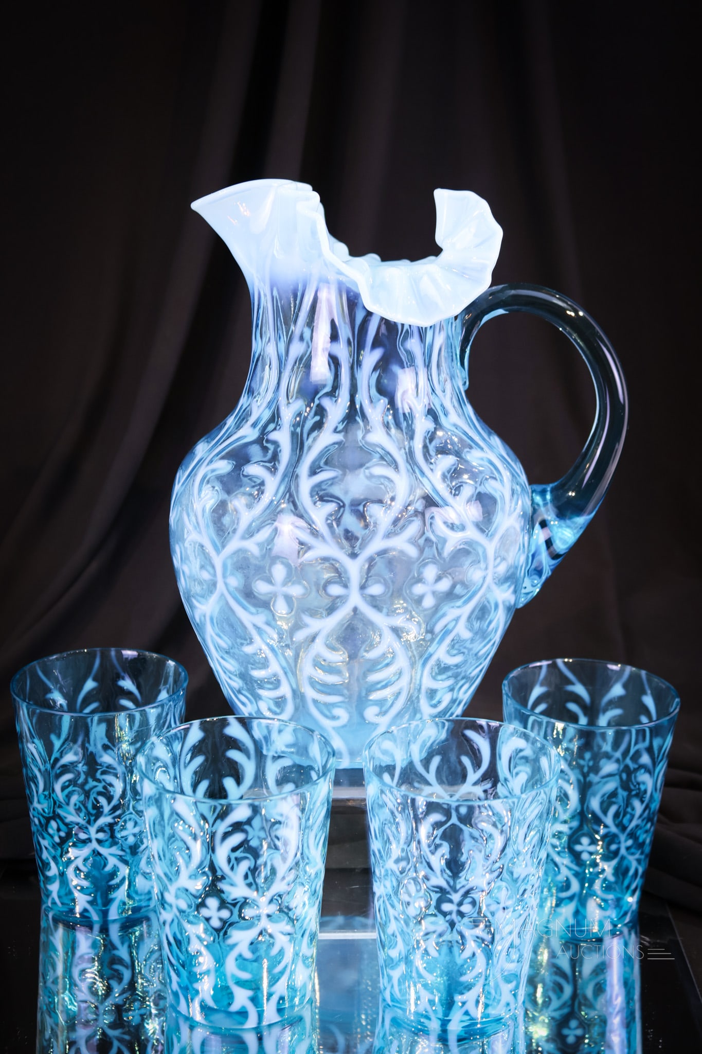 5 pc Northwood Blue Opalescent Spanish Lace Victorian Glass Water Set (1 of 11)