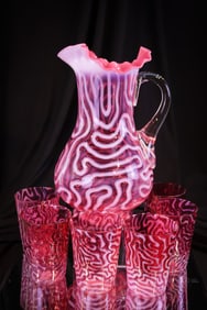 7 pc Scarce Jefferson Cranberry Opalescent Swirling Maze Victorian Pitcher & Tumblers