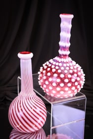 2 pc Lot Cranberry Opalescent Hobb's Victorian Glass Barber Bottles