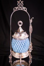 ACME Silverplate Victorian Blue Opalescent Reverse Swirl Pickle Castor