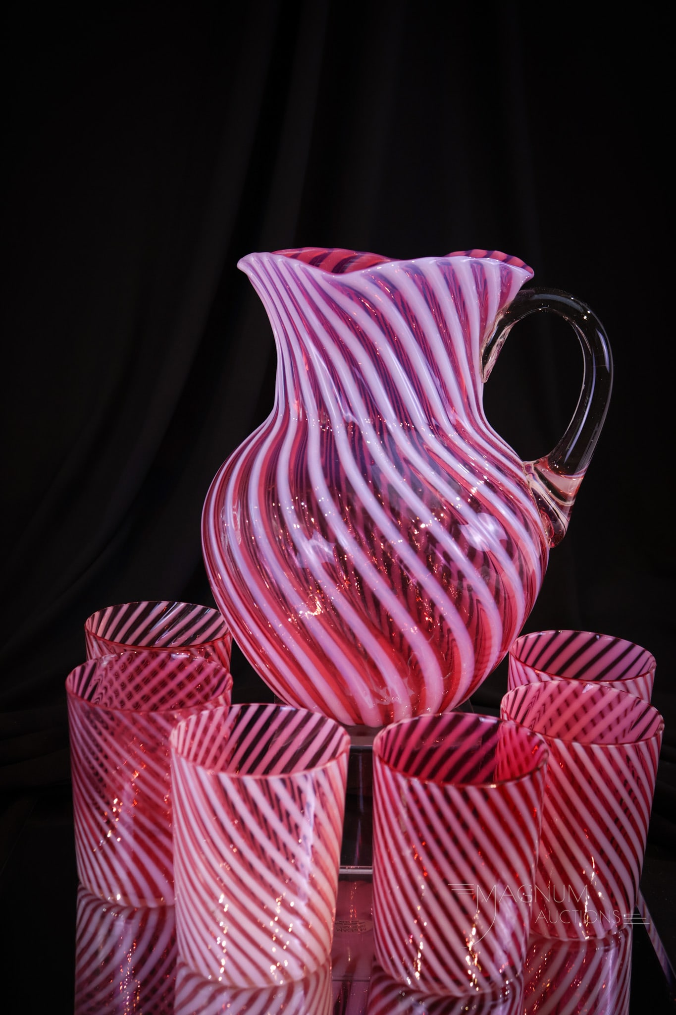 7 pc Hobb's Cranberry Opalescent Swirl Victorian Water Pitcher & Tumblers (1 of 14)