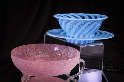 3 pc Lot Fenton Blue Opalescent Victorian Overshot Glass