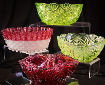 4 pc Lot Hobb's Victorian Vaseline & Cranberry Bowls