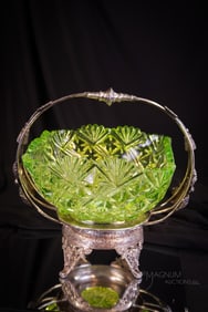 Allmon Silverplate Co. Hobb's Vaseline Glass Maltese Victorina Brides Bowl Basket