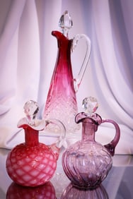 3 pc Lot Victorian Art Glass Cruets Cranberry Cut Phoenix & More