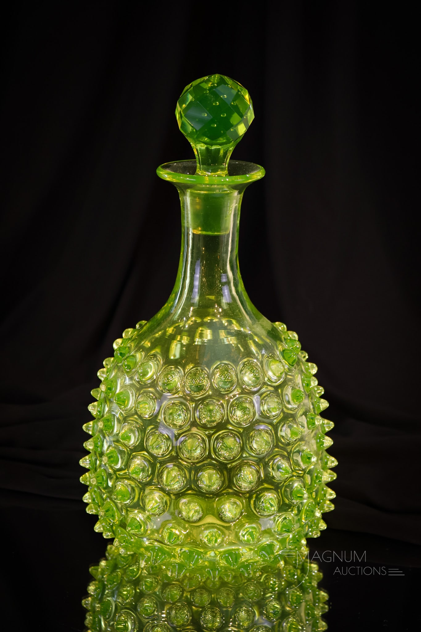 Rare 11" Hobb's Vaseline Hobnail Victorian Glass Decanter: A rare find in our line-up of Hobb's Victorian glass. This is a vaseline Hobnail pattern decanter. It comes complete with a vaseline faceted stopper. This fine and seldom-if-ever seen example measures