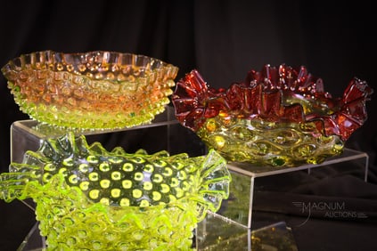 3 pc Lot Hobb's Cranberry & Vaseline Glass Victorian Bowls