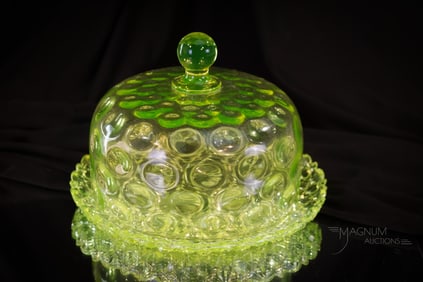 Hobb's Vaseline Thumbprint Victorian Glass Cheese Dish