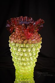 Rare Hobb's Cranberry Vaseline Opalescent Ruffled Rim 9" Vase