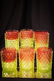 6 pc Set Hobb's Cranberry Vaseline Victorian Hobnail Glass Tumblers