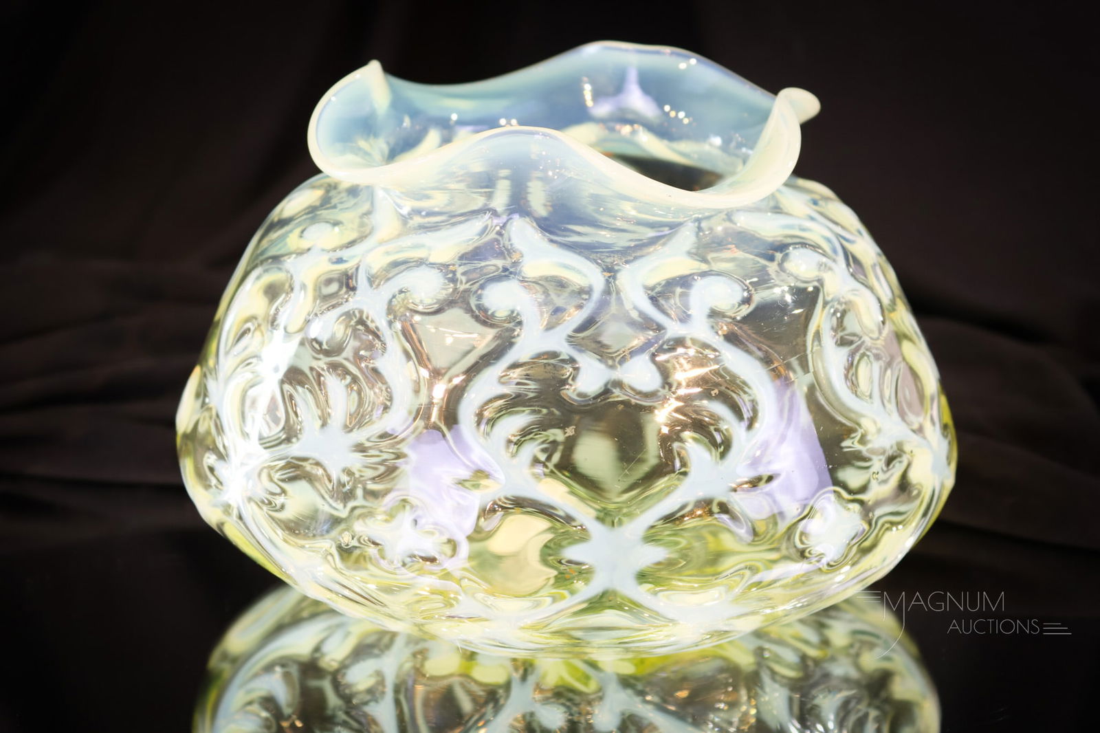 Walsh Walsh Victorian Vaseline Opalescent Glass Spanish Lace Opaline Brocade Vase: Vasies sit up in your seats for this fine offering! This beautiful vase is by Walsh Walsh. Brilliant vaseline opalescent Victorian glass at its best. This vase has the opalescent pattern Opaline Broca