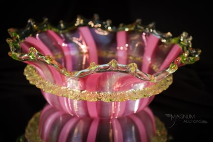 Rare Threaded Pink Stripe Vaseline Encrusted Victorian Glass Bowl