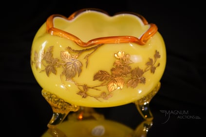 Uranium Vaseline cased Gilt Enameled Footed Rose Bowl