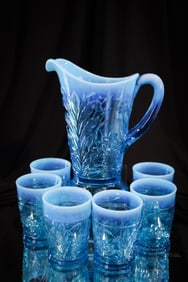 Scarce Northwood Signed Water Lily Cattail Opalescent Glass Pitcher