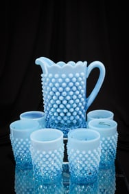 7 pc Northwood Blue Opalescent Hobnail & Thumbprint Victorian Glass Water Set